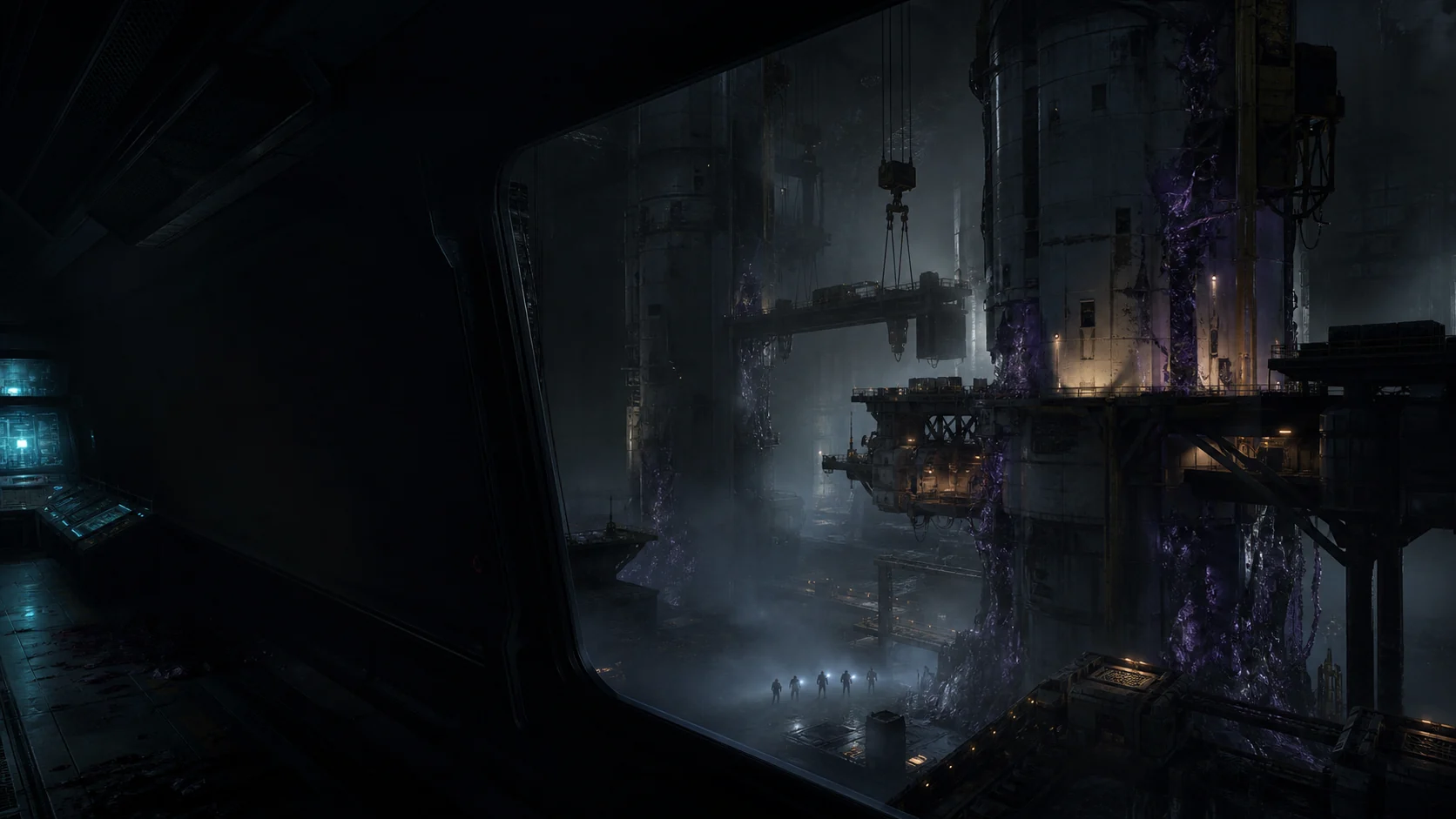 Illustrative reconstruction of six contractors entering a vast compromised industrial recovery site.