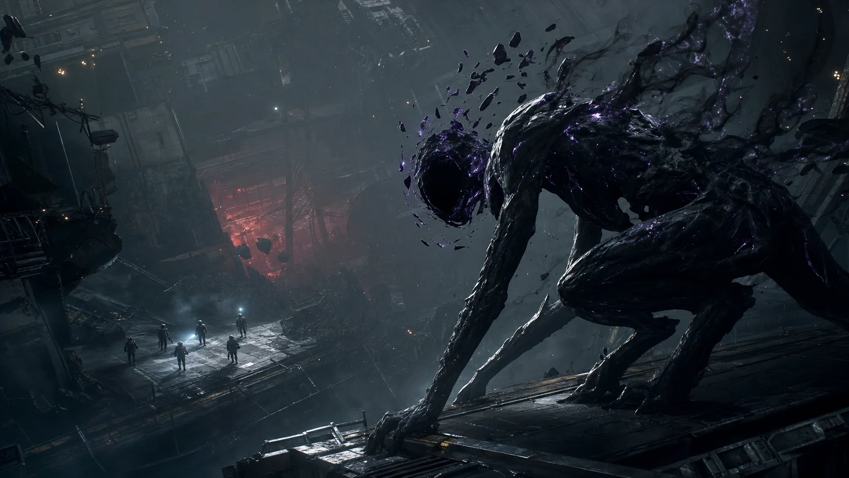 Aphelion reconstruction of a shadow-formed creature observing a contractor team.